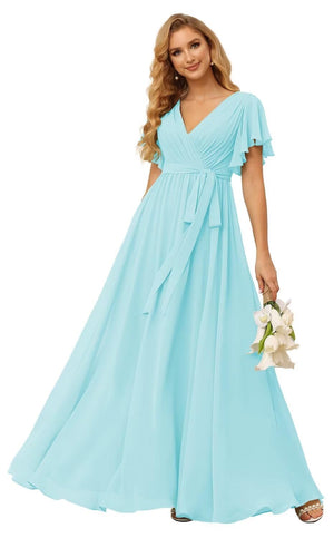 A-line V-Neck Floor-Length Chiffon Bridesmaid Dress With Ruffle
