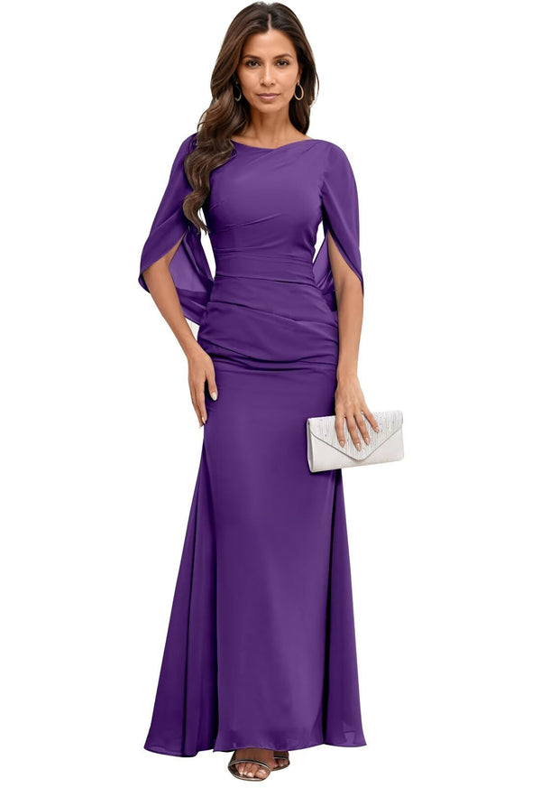 Trumpet/Mermaid Boat Neck Floor-Length Chiffon Mother of the Bride Dress With Pleated