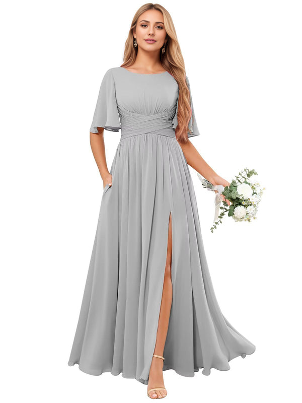 A-line Scoop Floor-Length Chiffon Bridesmaid Dress With Ruffle