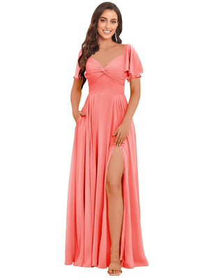 A-line V-Neck Floor-Length Chiffon Bridesmaid Dress With Ruffle