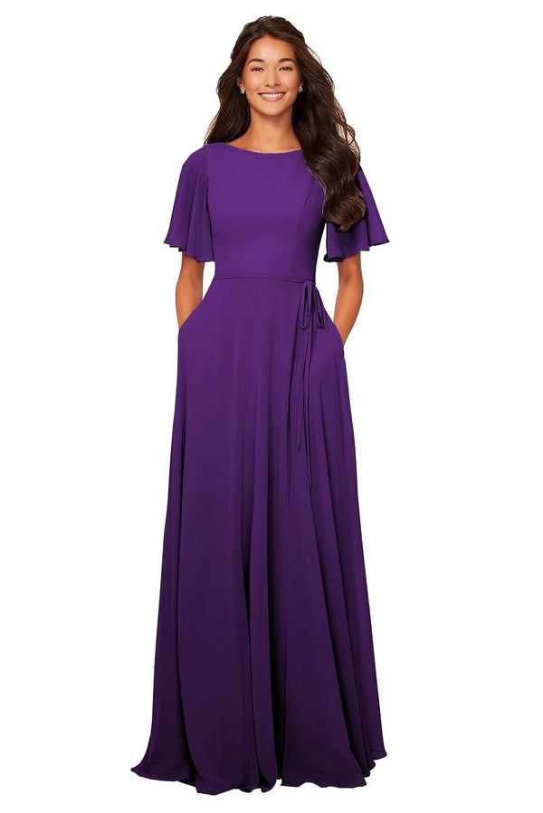 A-line Scoop Floor-Length Chiffon Bridesmaid Dress With Ruffle