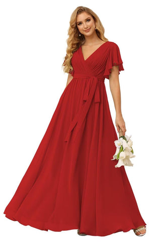 A-line V-Neck Floor-Length Chiffon Bridesmaid Dress With Ruffle