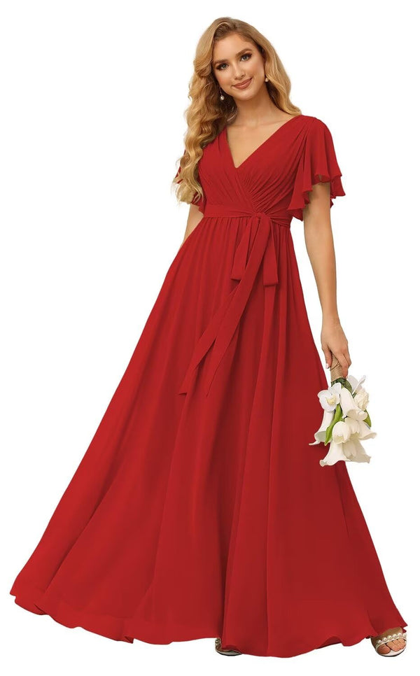 A-line V-Neck Floor-Length Chiffon Bridesmaid Dress With Ruffle