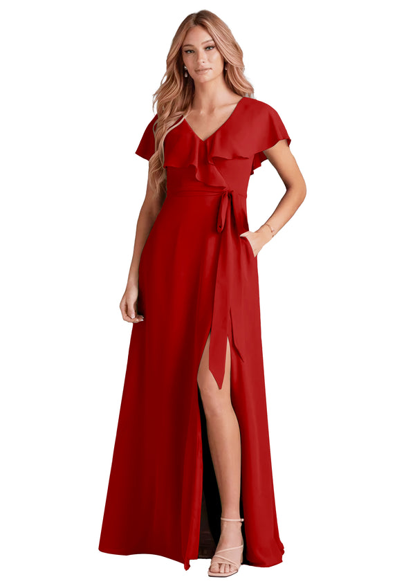 A-line V-Neck Floor-Length Chiffon Bridesmaid Dress With Ruffle