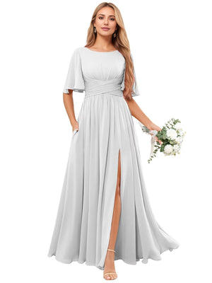 A-line Scoop Floor-Length Chiffon Bridesmaid Dress With Ruffle