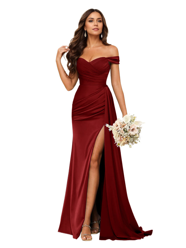 Trumpet/Mermaid Off the Shoulder Sweep Train Satin Prom Dresses