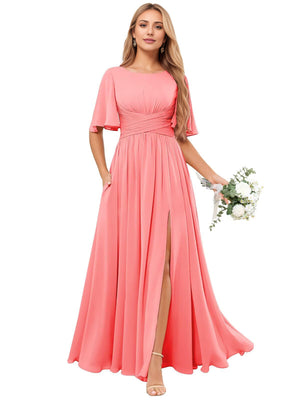 A-line Scoop Floor-Length Chiffon Bridesmaid Dress With Ruffle