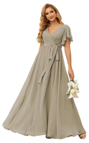 A-line V-Neck Floor-Length Chiffon Bridesmaid Dress With Ruffle