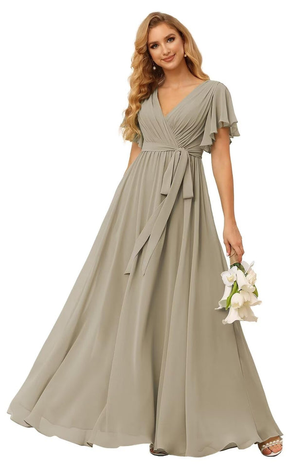 A-line V-Neck Floor-Length Chiffon Bridesmaid Dress With Ruffle