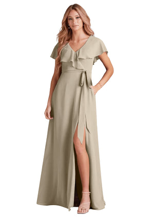 A-line V-Neck Floor-Length Chiffon Bridesmaid Dress With Ruffle