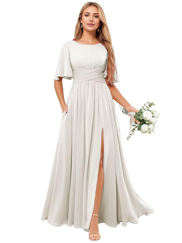A-line Scoop Floor-Length Chiffon Bridesmaid Dress With Ruffle
