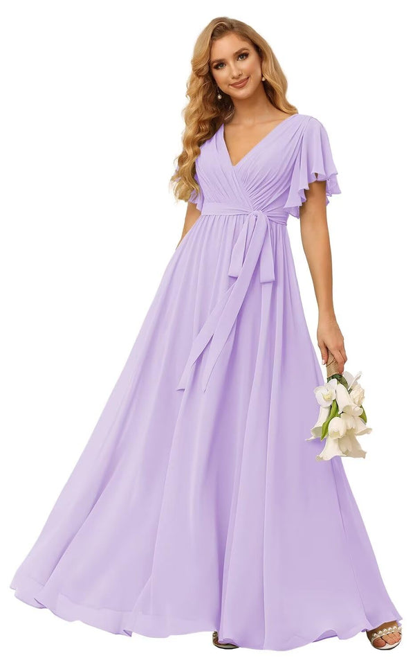 A-line V-Neck Floor-Length Chiffon Bridesmaid Dress With Ruffle