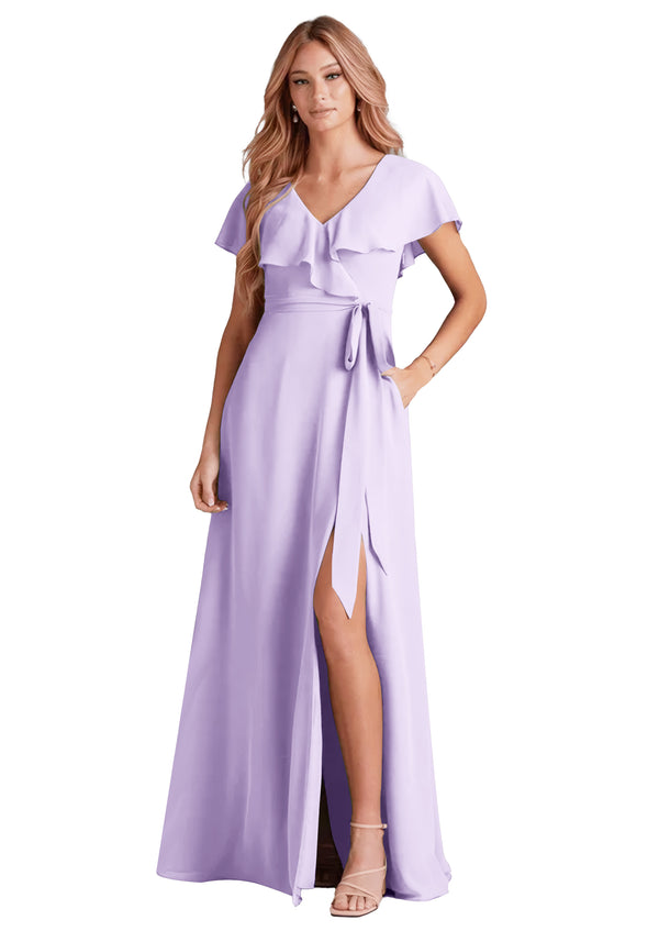 A-line V-Neck Floor-Length Chiffon Bridesmaid Dress With Ruffle