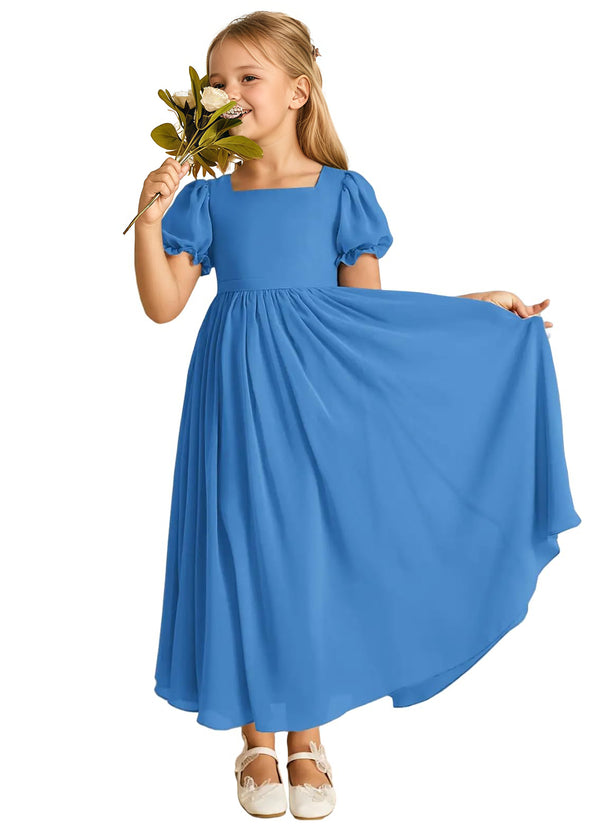 A-line Scoop-Neck Short Sleeves Chiffon Junior Bridesmaid Dress