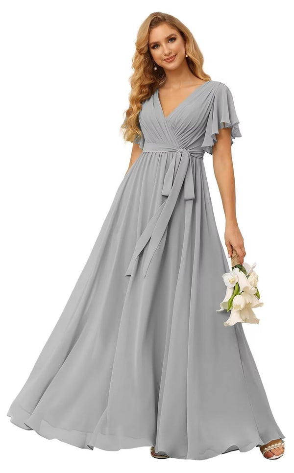 A-line V-Neck Floor-Length Chiffon Bridesmaid Dress With Ruffle