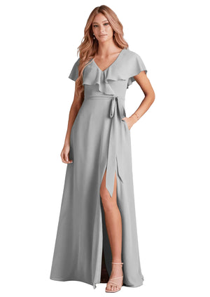 A-line V-Neck Floor-Length Chiffon Bridesmaid Dress With Ruffle