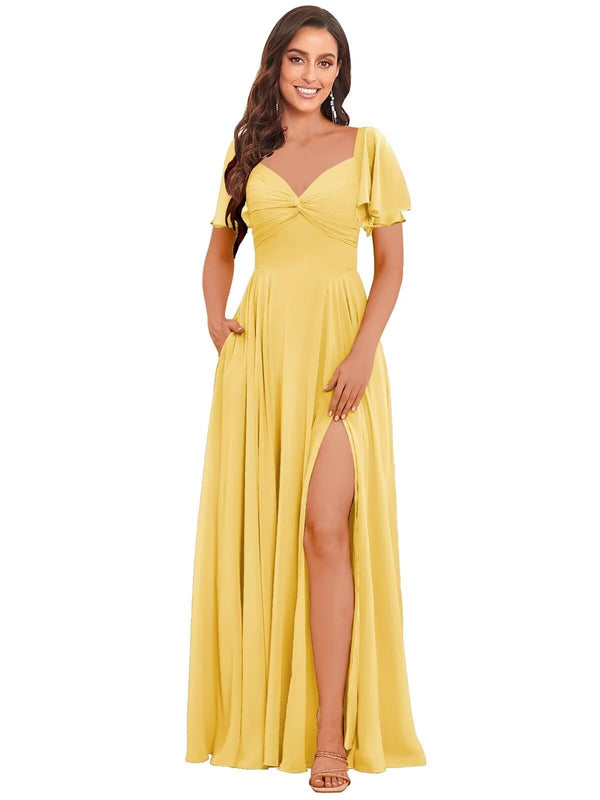 A-line V-Neck Floor-Length Chiffon Bridesmaid Dress With Ruffle