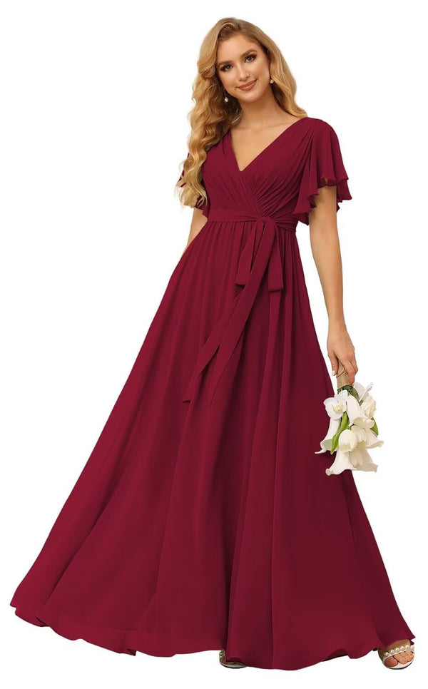 A-line V-Neck Floor-Length Chiffon Bridesmaid Dress With Ruffle