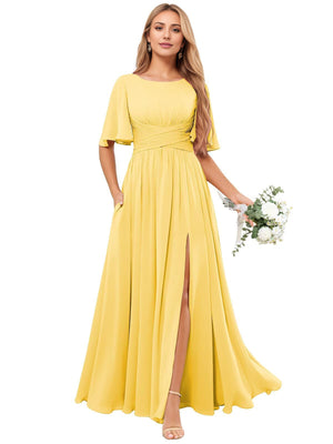 A-line Scoop Floor-Length Chiffon Bridesmaid Dress With Ruffle