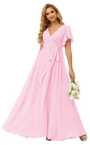 A-line V-Neck Floor-Length Chiffon Bridesmaid Dress With Ruffle