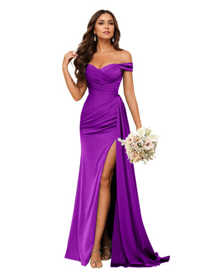 Trumpet/Mermaid Off the Shoulder Sweep Train Satin Prom Dresses