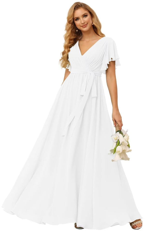 A-line V-Neck Floor-Length Chiffon Bridesmaid Dress With Ruffle