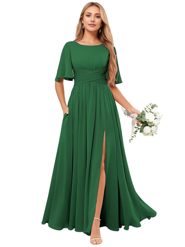 A-line Scoop Floor-Length Chiffon Bridesmaid Dress With Ruffle