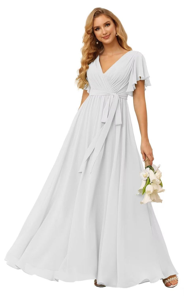 A-line V-Neck Floor-Length Chiffon Bridesmaid Dress With Ruffle