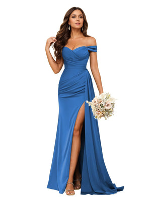 Trumpet/Mermaid Off the Shoulder Sweep Train Satin Prom Dresses