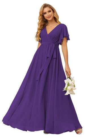 A-line V-Neck Floor-Length Chiffon Bridesmaid Dress With Ruffle