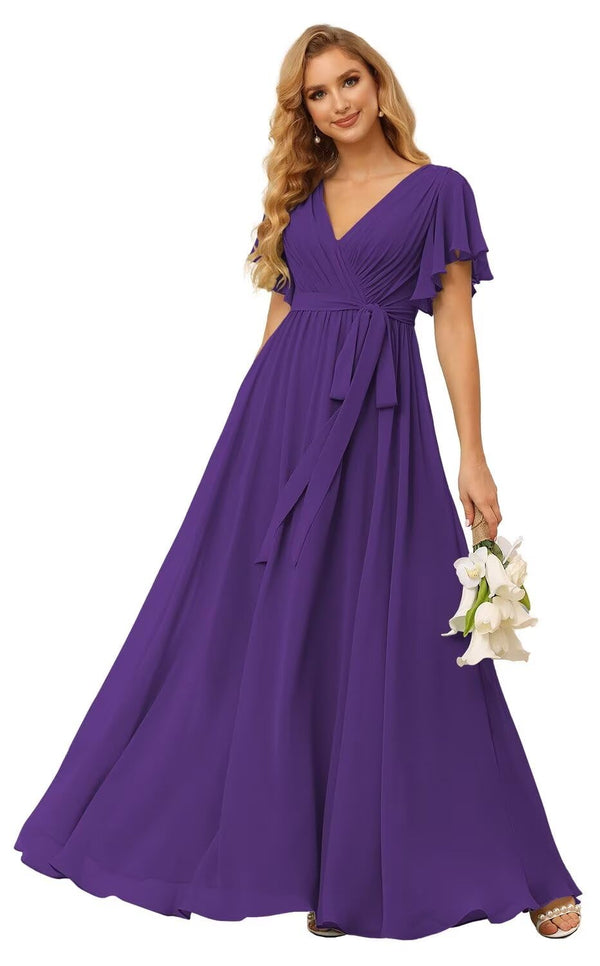 A-line V-Neck Floor-Length Chiffon Bridesmaid Dress With Ruffle