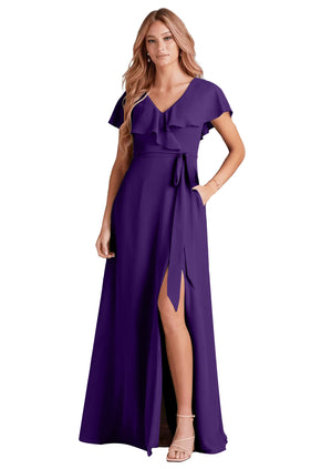 A-line V-Neck Floor-Length Chiffon Bridesmaid Dress With Ruffle