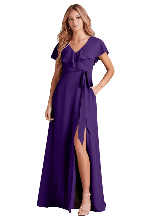 A-line V-Neck Floor-Length Chiffon Bridesmaid Dress With Ruffle