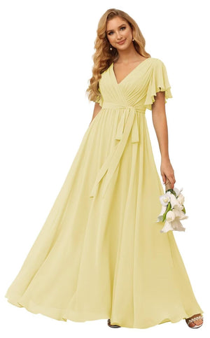 A-line V-Neck Floor-Length Chiffon Bridesmaid Dress With Ruffle