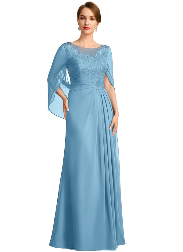 A-line Scoop Illusion Floor-Length Lace Chiffon Mother of the Bride Dress With Sequins Pleated