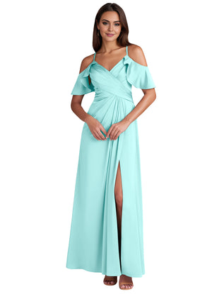 A-line Cold Shoulder Floor-Length Satin Bridesmaid Dress With Ruffle