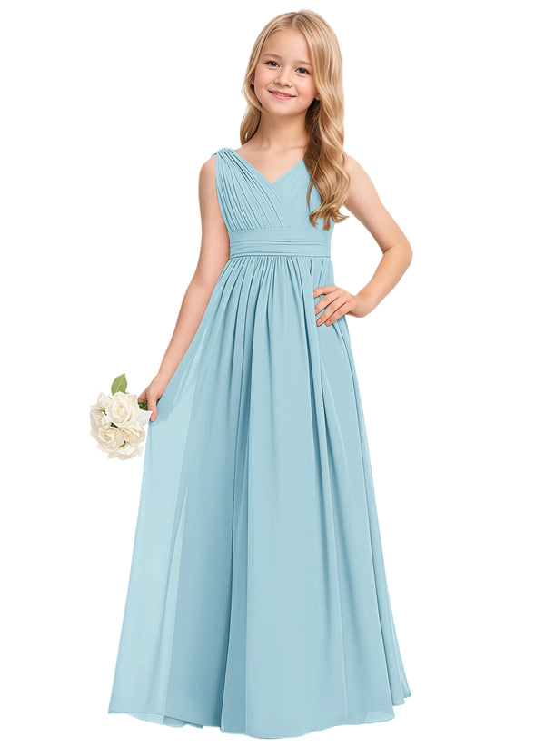 A-line V-Neck Floor-Length Chiffon Junior Bridesmaid Dress