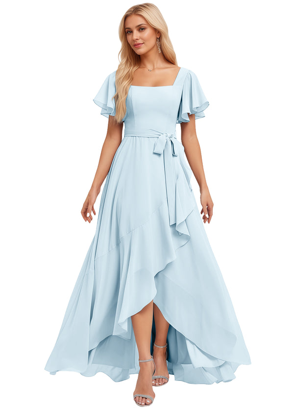 A-line Square-Neck Floor-Length Chiffon Bridesmaid Dress With Ruffle