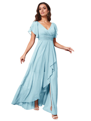A-line V-Neck Floor-Length Chiffon Bridesmaid Dress With Ruffle