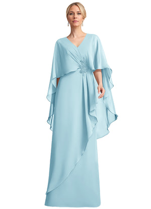 A-line V-Neck Floor-Length Chiffon Mother of the Bride Dress With Cascading Ruffles Beading
