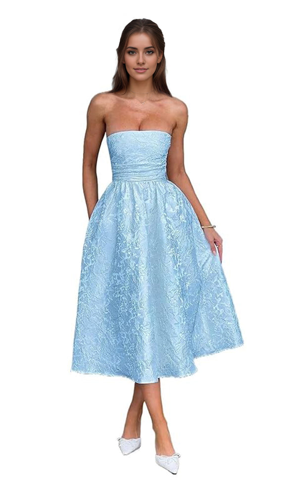 A-Line Strapless Tea-Length Jacquard Prom Dresses