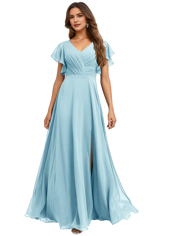 A-line V-Neck Floor-Length Chiffon Bridesmaid Dress With Ruffle