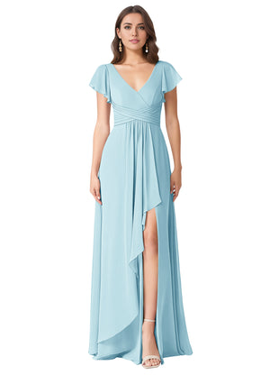 A-line V-Neck Floor-Length Chiffon Bridesmaid Dress With Ruffle