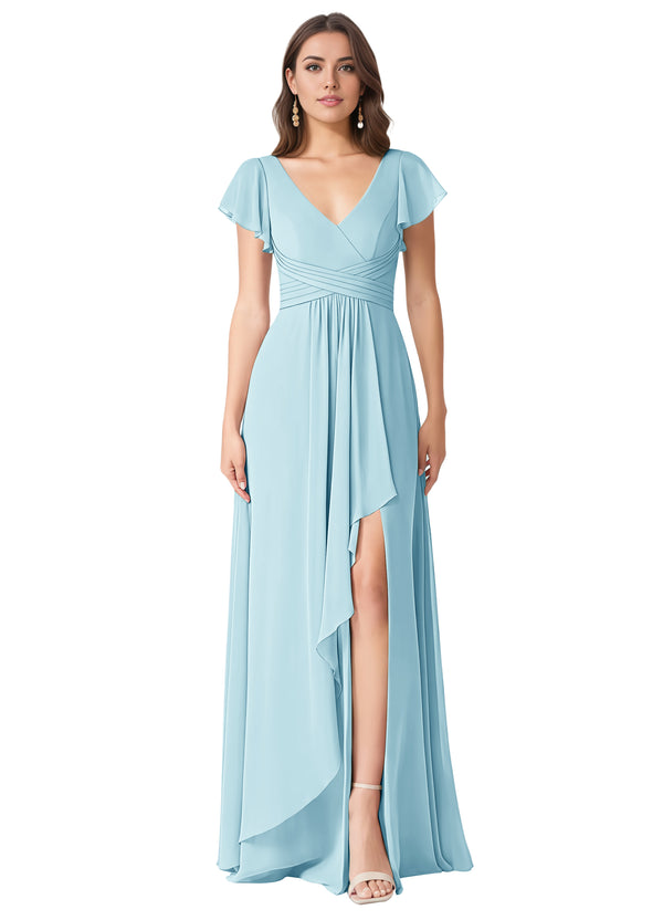 A-line V-Neck Floor-Length Chiffon Bridesmaid Dress With Ruffle