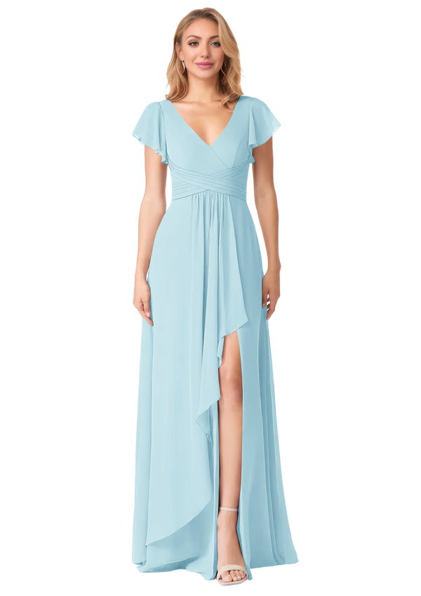 A-line V-Neck Floor-Length Chiffon Bridesmaid Dress With Ruffle