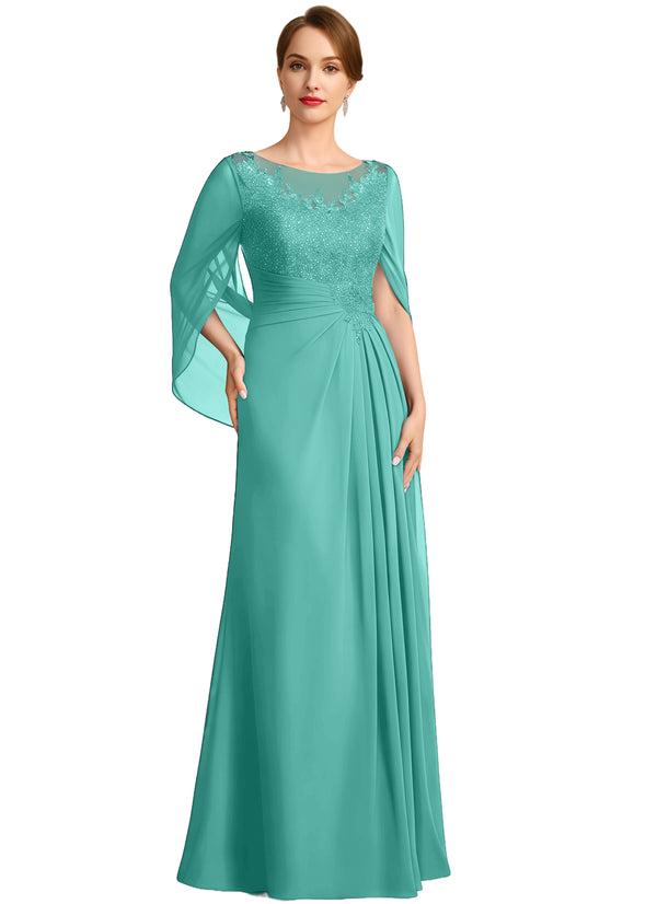 A-line Scoop Illusion Floor-Length Lace Chiffon Mother of the Bride Dress With Sequins Pleated