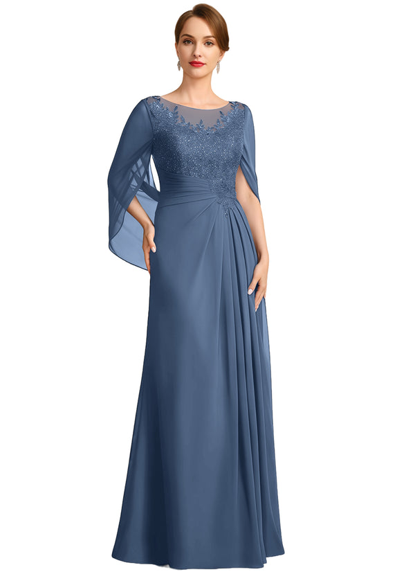 A-line Scoop Illusion Floor-Length Lace Chiffon Mother of the Bride Dress With Sequins Pleated