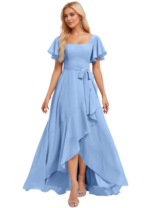 A-line Square-Neck Floor-Length Chiffon Bridesmaid Dress With Ruffle