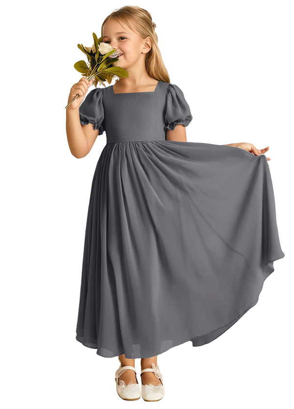 A-line Scoop-Neck Short Sleeves Chiffon Junior Bridesmaid Dress