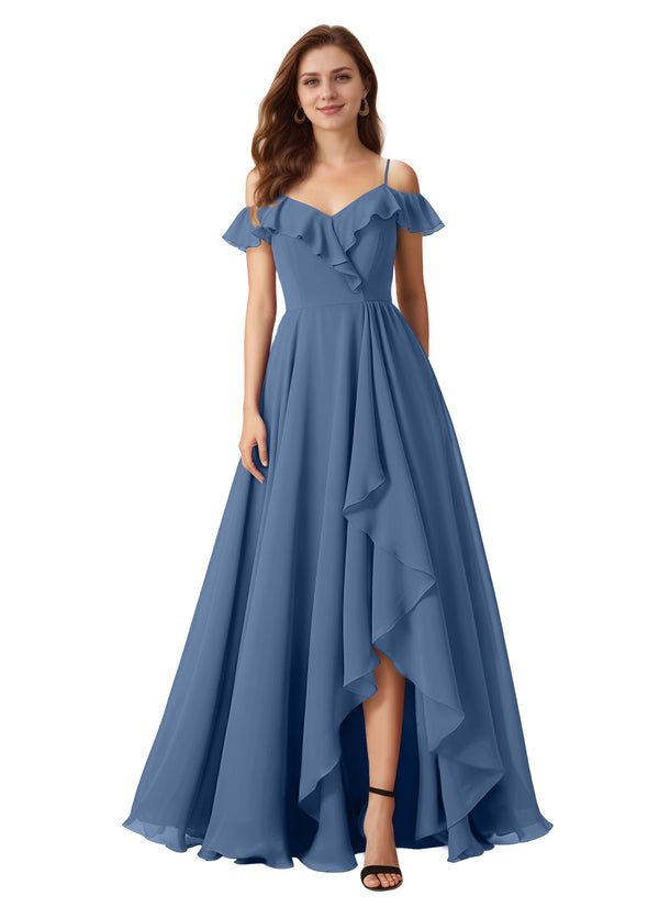 A-line Cold Shoulder Floor-Length Chiffon Bridesmaid Dress With Ruffle